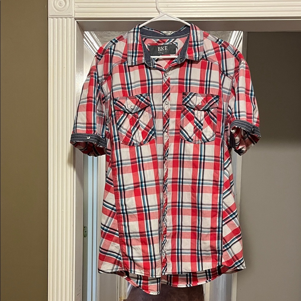 BKE Red and White Plaid Button-Up Shirt XXL Athletic Fit